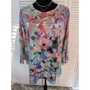 Ali Miles Blouse Womens M Bright Multi Sheer Shirt Top Artsy Abstract Watercolor